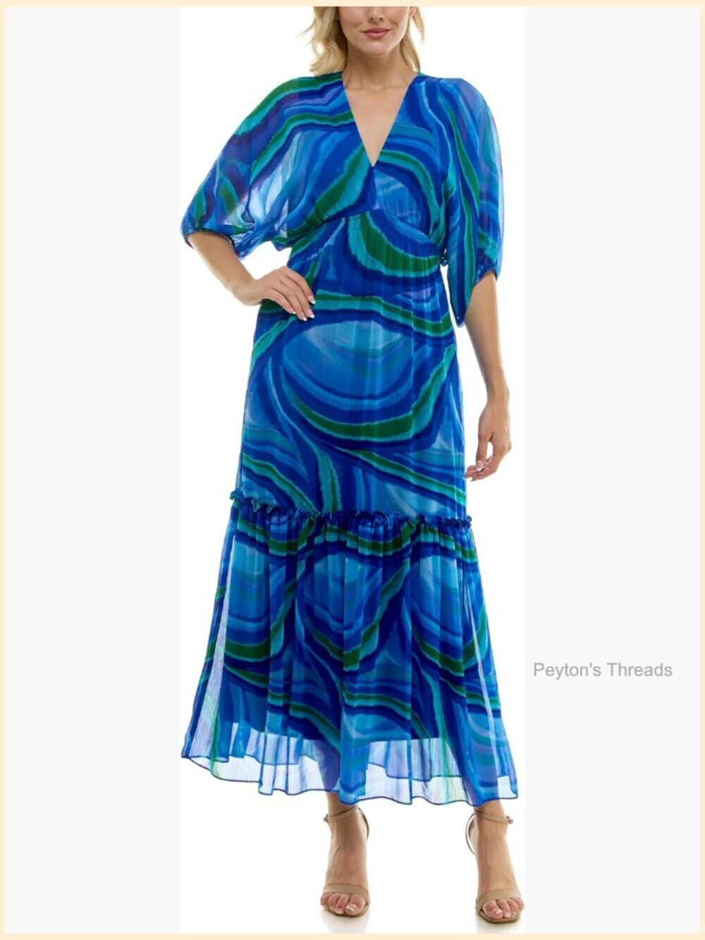 Swirl Print Maxi Dress V-Neck Dolman Elbow Sleeve Smocked Waist
